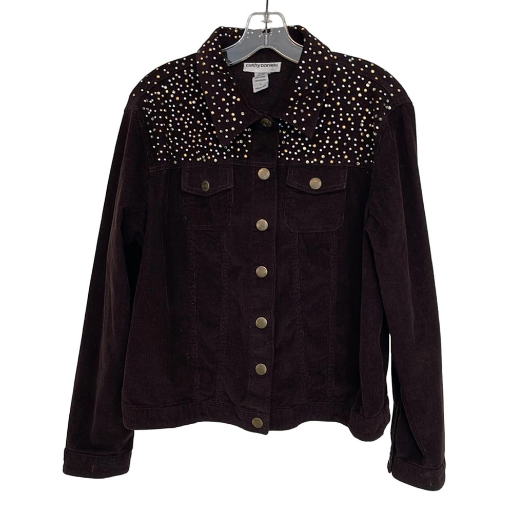 Cathy Daniels‎ Womens Brown Corduroy Rhinestone Studded Trucker Jacket Size L